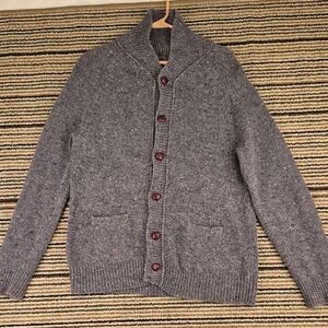 J CREW Grey Weave Knit Wool Blend‎ Leather Buttons Mens M Cardigan Shawl Sweater